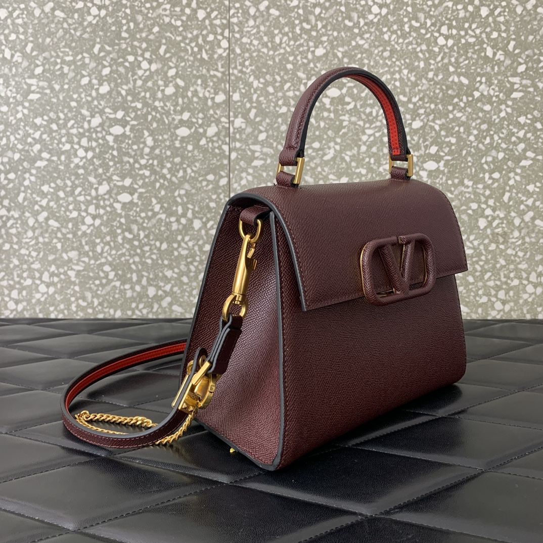 Valentino Garavani Vsling Small Handbag in Burgundy Grainy Calfskin 